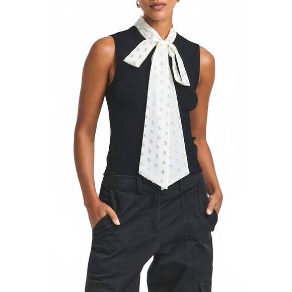 NEW DEREK LAM 10 CROSBY calista mixed media tie neck sweater in black-cream